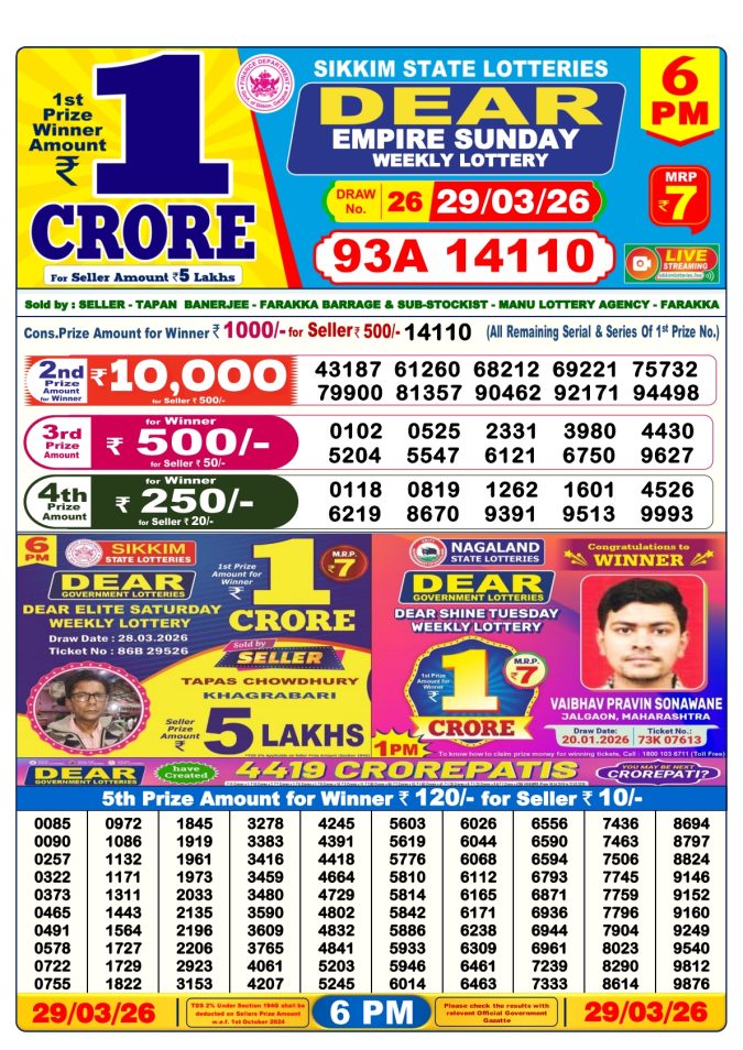 Lottery Result Today 29.03.26