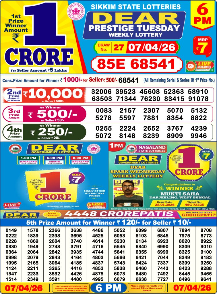 07.04.26 Sikkim State Lottery 6 PM Dear Result Lottery Result Today 07.04.26