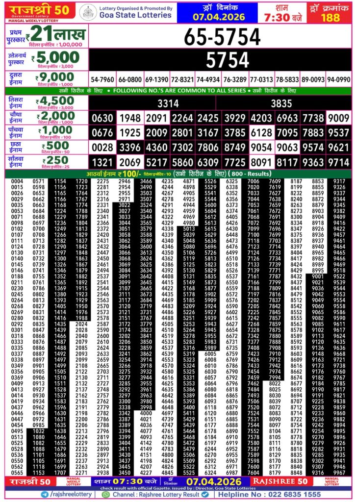 07.04.26 Goa Rajshree 50 Weekly 7:30 PM Result Lottery Result Today 07.04.26