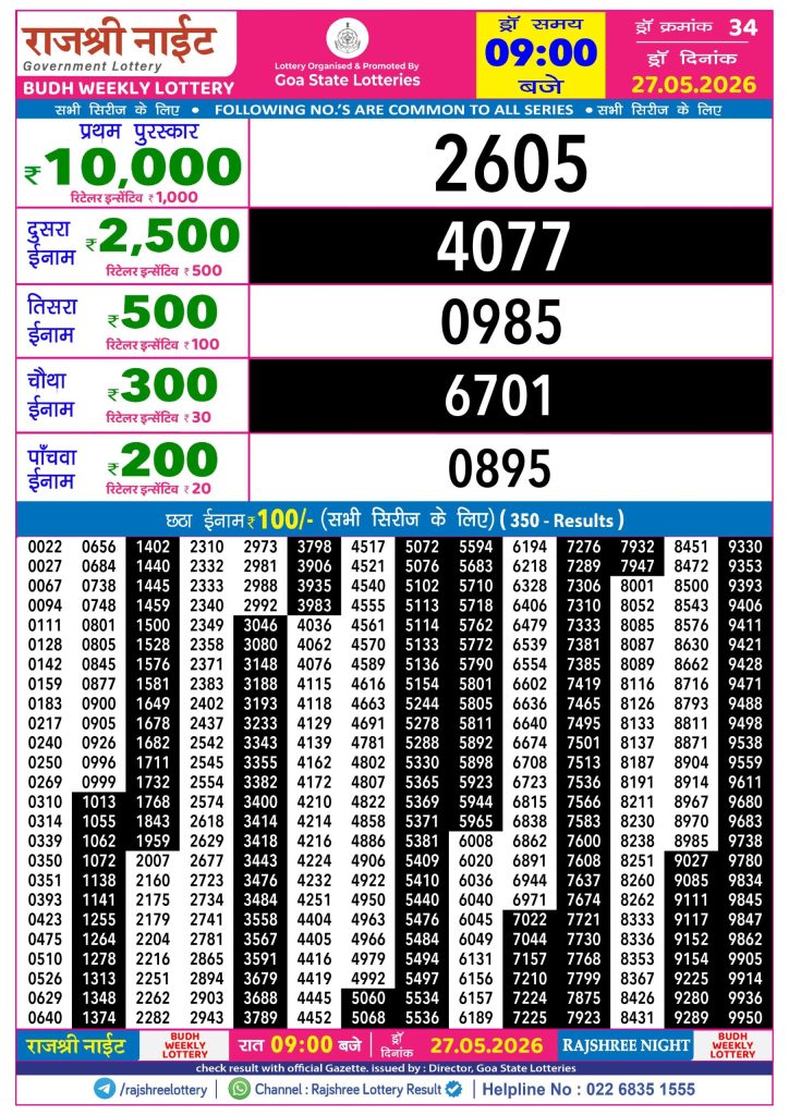 27-05-26 Rajshree Night Weekly 9 PM Result Today Lottery Result Today 27.05.26