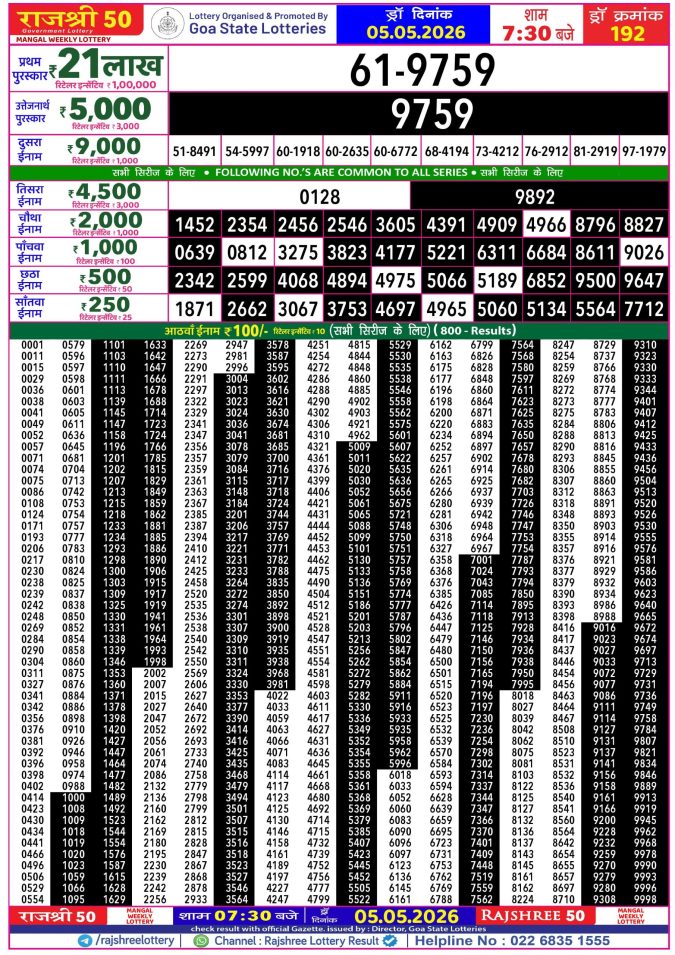 05-05-26 Goa Rajshree 50 Weekly 7:30 PM Result Lottery Result Today 05.05.26