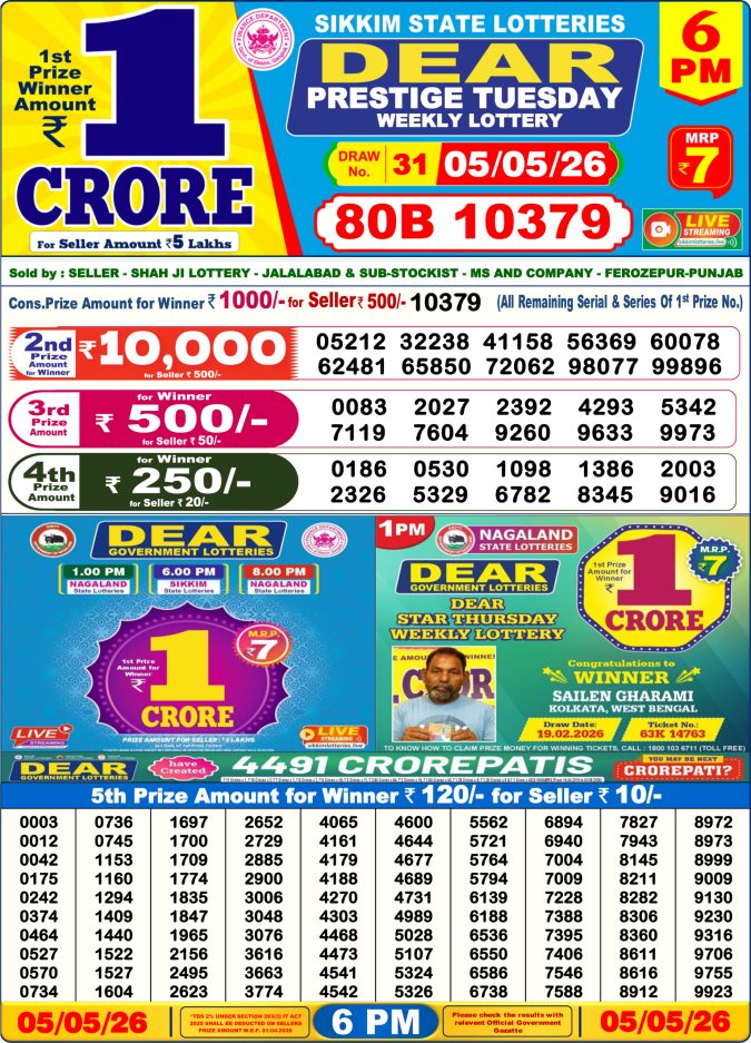 05-05-26 Sikkim State Lottery 6 PM Dear Result Lottery Result Today 05.05.26
