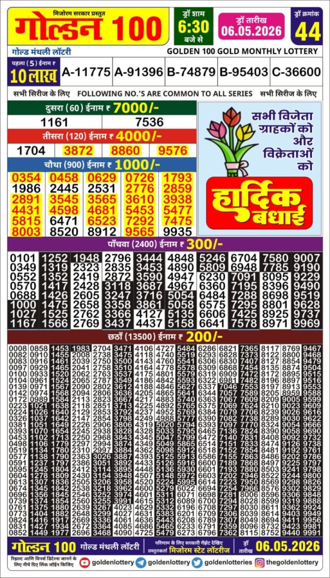 06-05-26 Golden 100 Monthly Lottery Result | Lottery Result Today 06.05.26