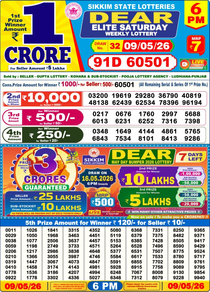 09-05-26 Sikkim State Lottery 6 PM Dear Result Lottery Result Today 09.05.26