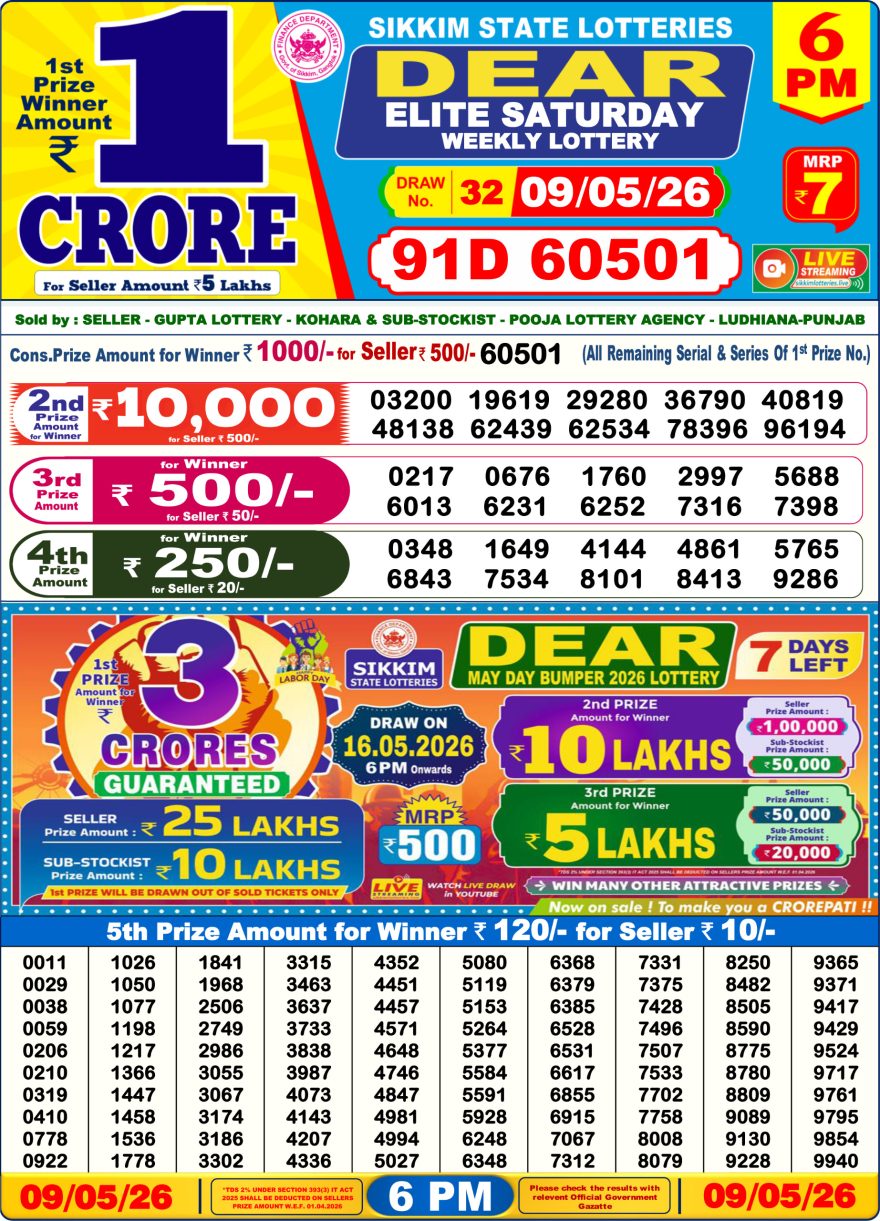 09-05-26 Sikkim State Lottery 6 PM Dear Result Lottery Result Today 09.05.26