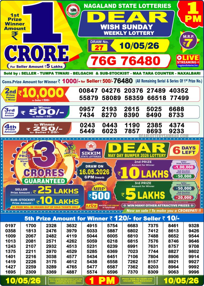 10-05-26 Lottery Sambad 1 PM Result Dhankesari Lottery Result Today 10.05.26