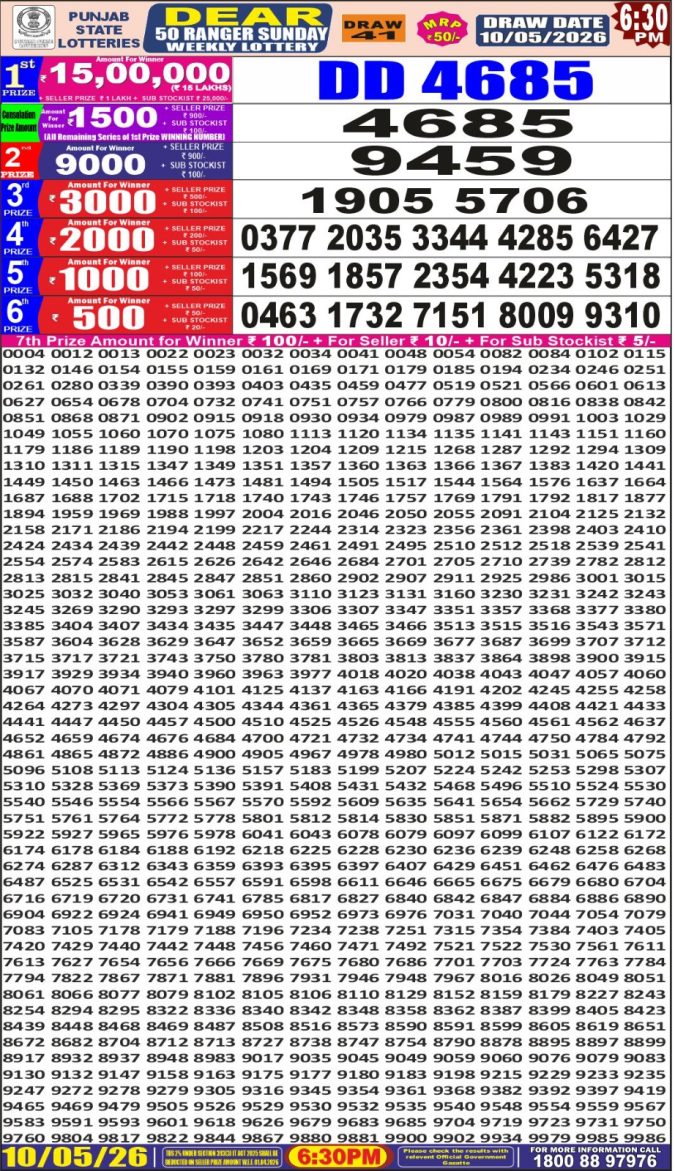 10-05-26 Punjab State Lotteries Dear 50 6:30 PM Result Lottery Result Today 10.05.26