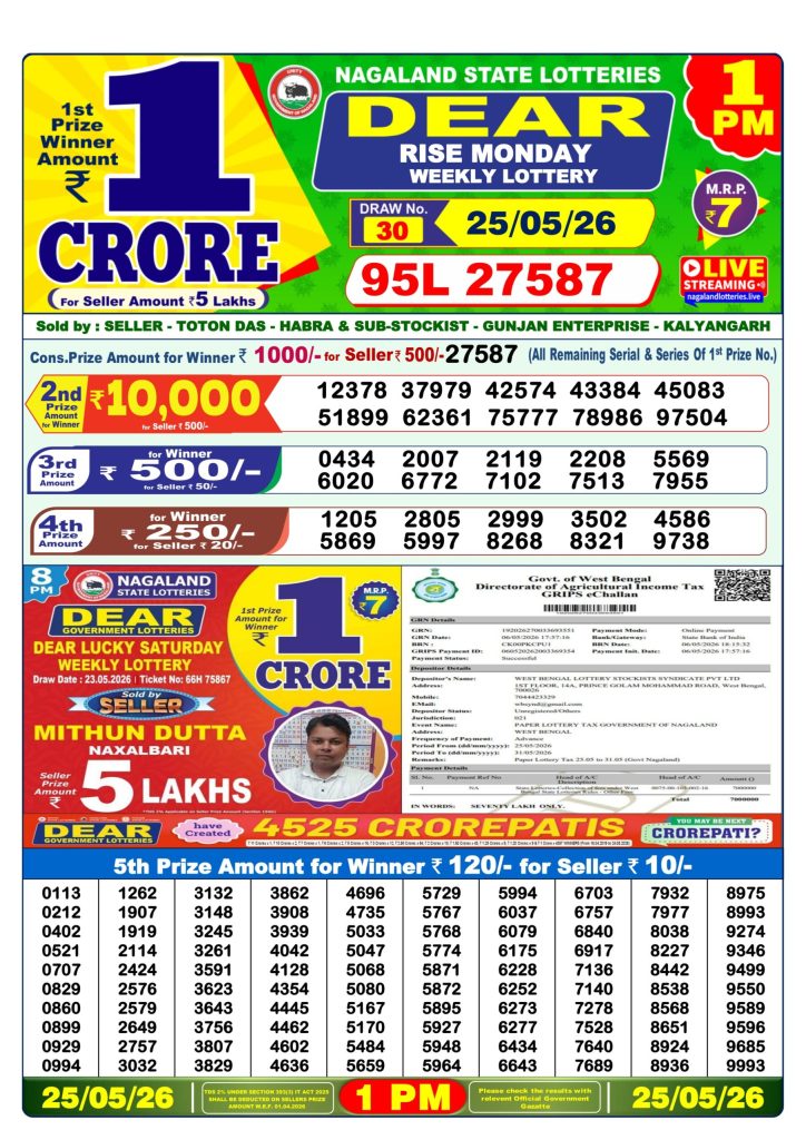 25-05-26 Lottery Sambad 1 PM Result Dhankesari Lottery Result Today 25.05.26