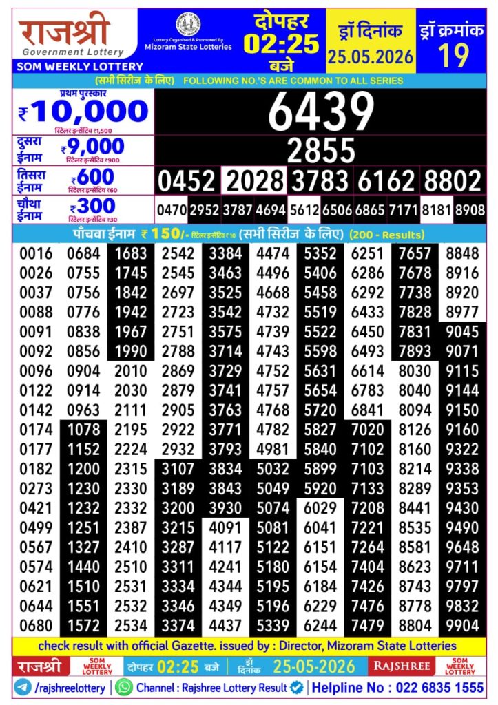 25-05-26 Rajshree Lottery 2.25 PM Result Lottery Result Today 25.05.26