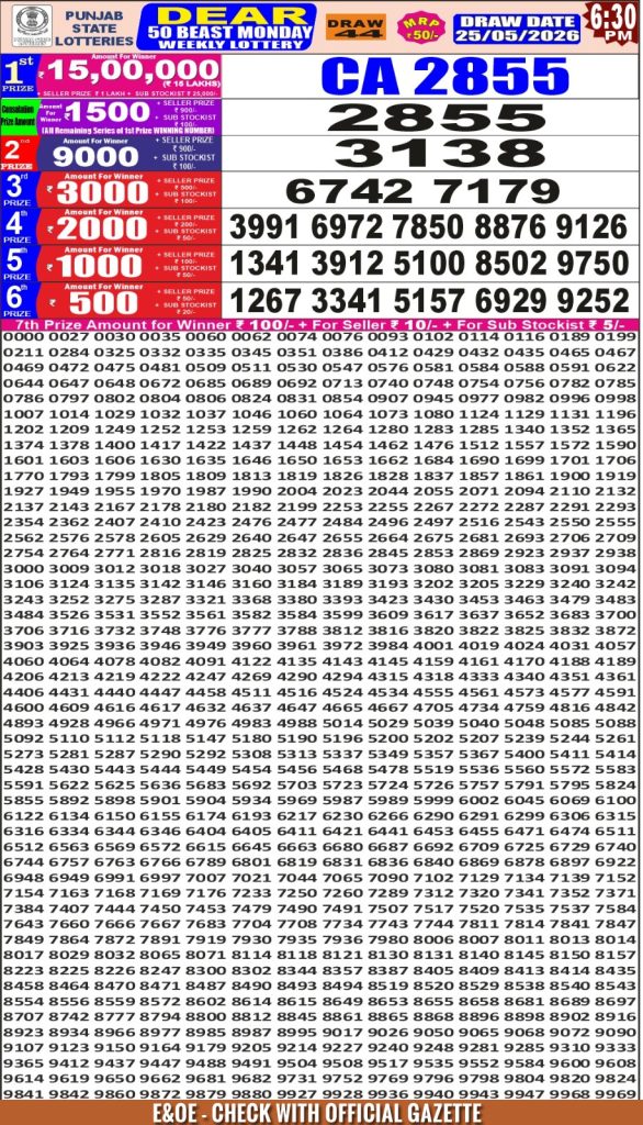 25-05-26 Punjab State Lotteries Dear 50 6:30 PM Result Lottery Result Today 25.05.26