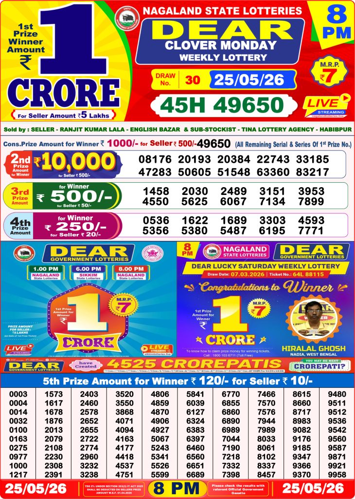 25-05-26 Nagaland Lottery Sambad 8 PM Result Dear Lottery Lottery Result Today 25.05.26