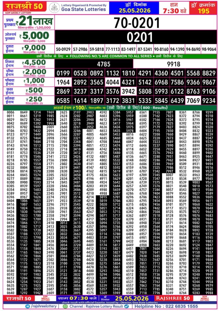 25-05-26 Goa Rajshree 50 Weekly 7:30 PM Result Lottery Result Today 25.05.26