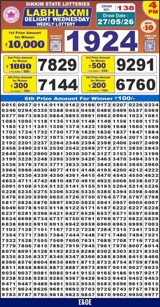 27-05-26 Labh Laxmi 4 PM Lottery Lottery Result Today 27.05.26