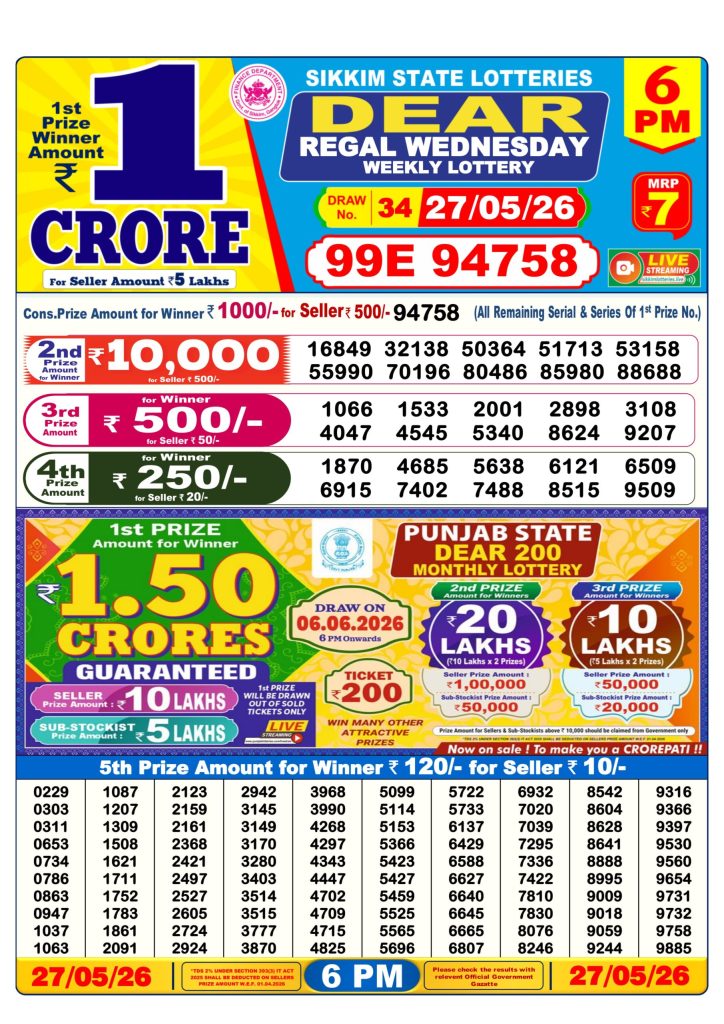 27-05-26 Sikkim State Lottery 6 PM Dear Result Lottery Result Today 27.05.26
