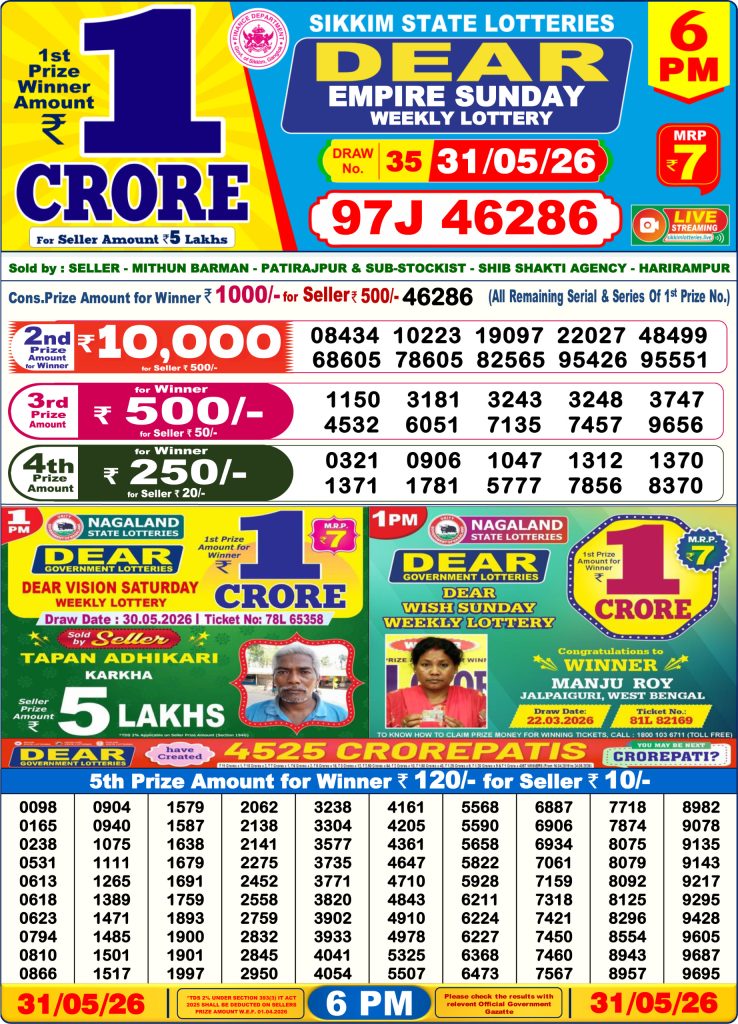 31-05-26 Sikkim State Lottery 6 PM Dear Result Lottery Result Today 31.05.26