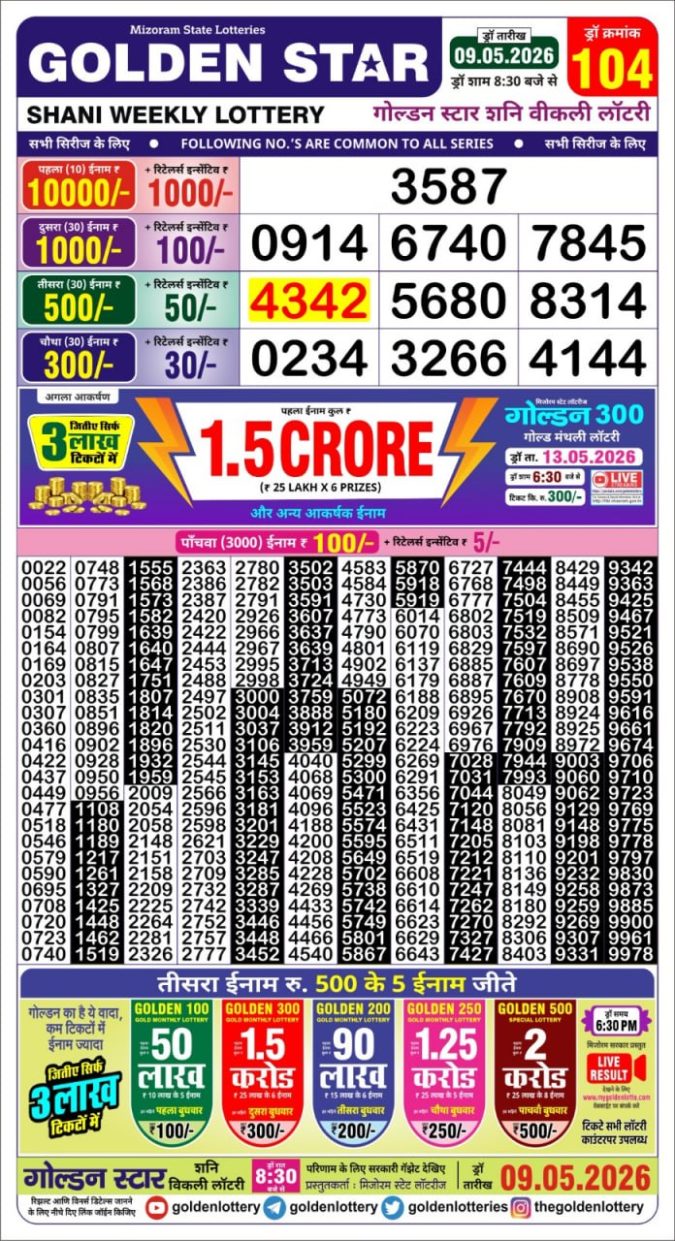 09-05-26 Golden Star Weekly 8:30 PM Result Today Lottery Result Today 09.05.26