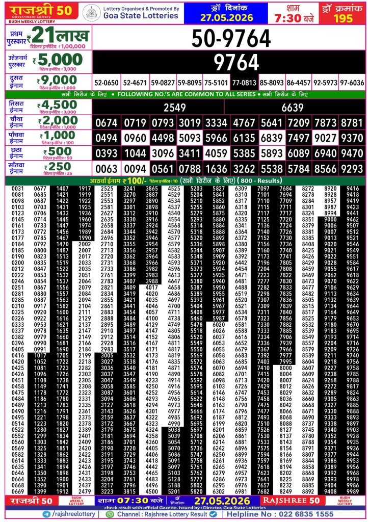 27-05-26 Goa Rajshree 50 Weekly 7:30 PM Result Lottery Result Today 27.05.26