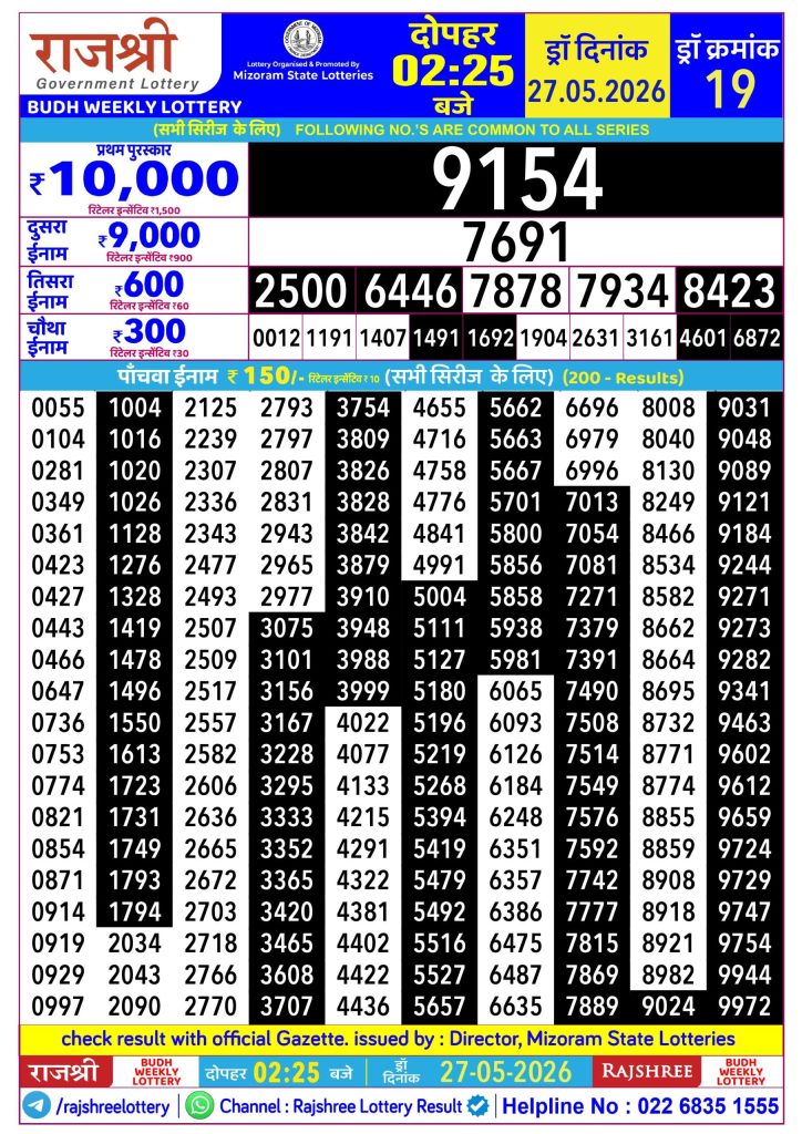 27-05-26 Rajshree Lottery 2.25 PM Result Lottery Result Today 27.05.26