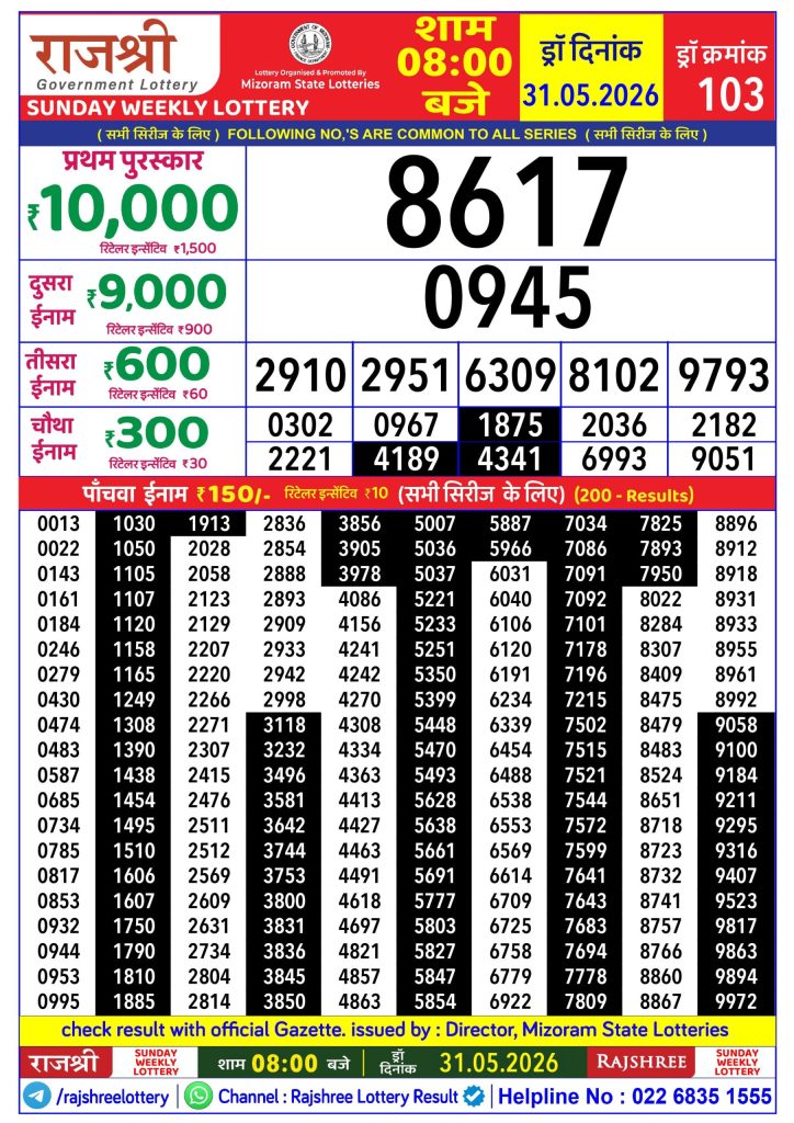 31-05-26 Rajshree Lottery 8 PM Result Today Lottery Result Today 31.05.26