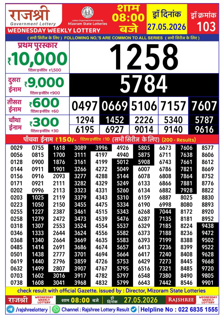 27-05-26 Rajshree Lottery 8 PM Result Today Lottery Result Today 27.05.26