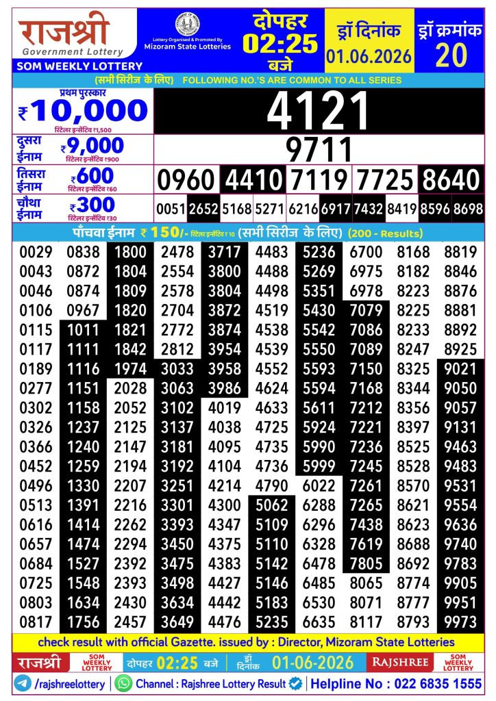 01-06-26 Rajshree Lottery 2.25 PM Result Lottery Result Today 01.06.26