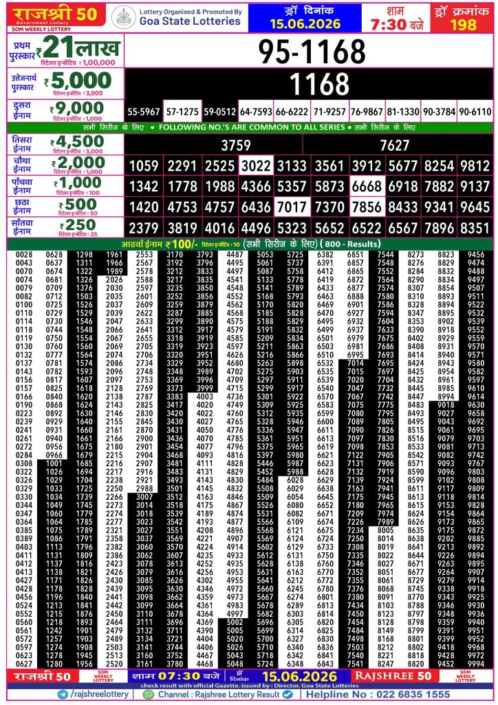 15-06-26 Goa Rajshree 50 Weekly 7:30 PM Result Lottery Result Today 15.06.26
