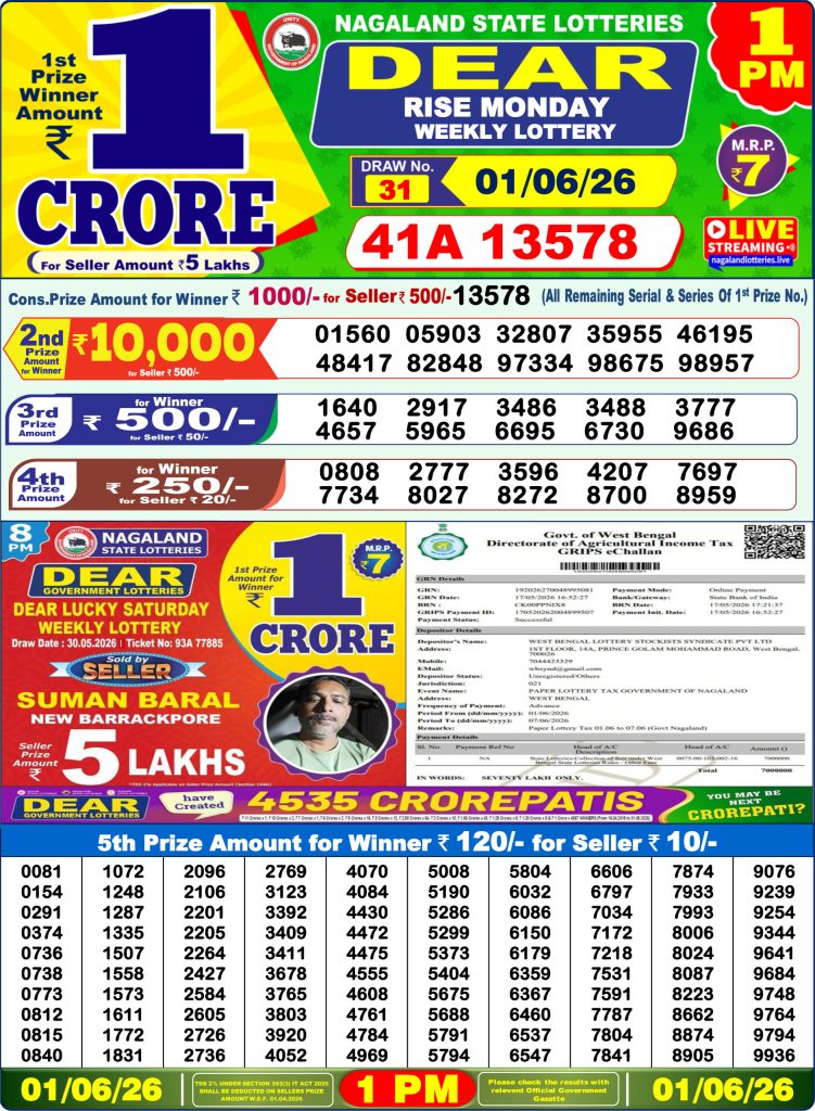 01-06-26 Lottery Sambad 1 PM Result Dhankesari Lottery Result Today 01.06.26