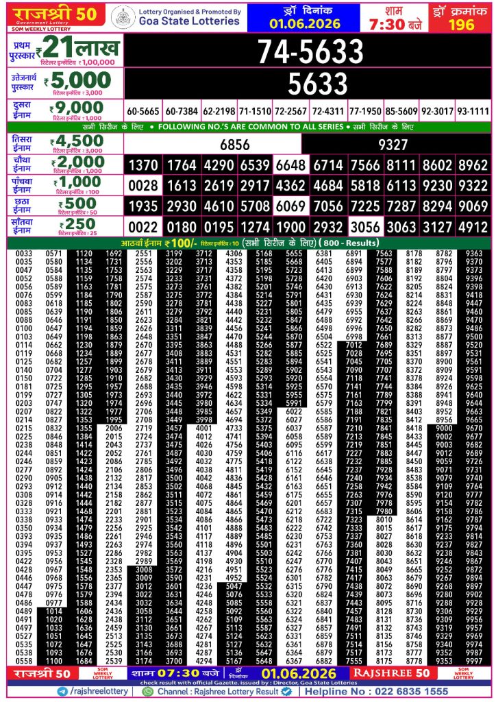 01-06-26 Goa Rajshree 50 Weekly 7:30 PM Result Lottery Result Today 01.06.26