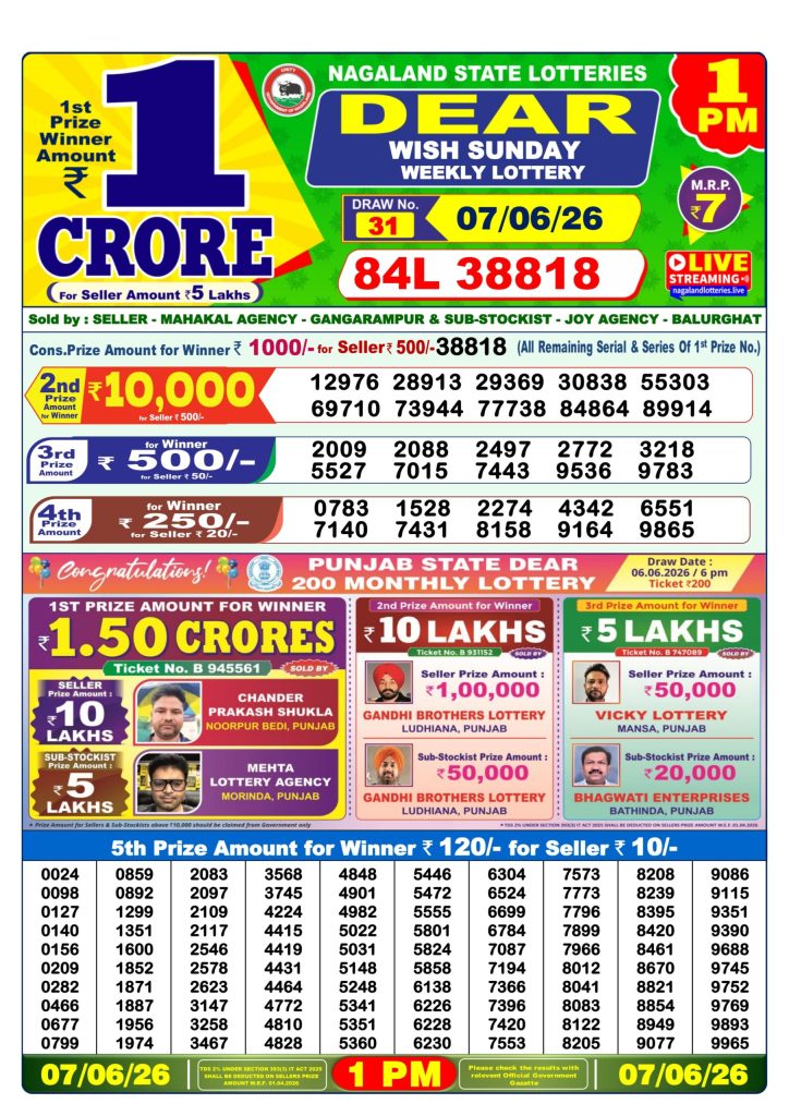 07-06-26 Lottery Sambad 1 PM Result Dhankesari Lottery Result Today 07.06.26