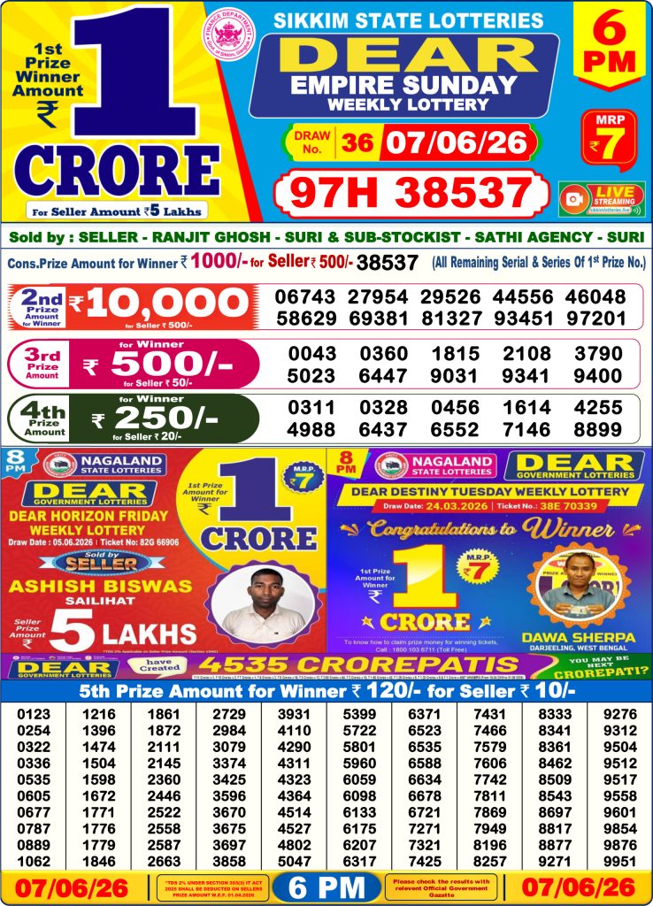 07-06-26 Sikkim State Lottery 6 PM Dear Result Lottery Result Today 07.06.26