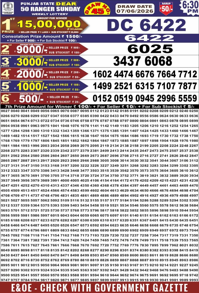 Lottery Result Today 07.06.26