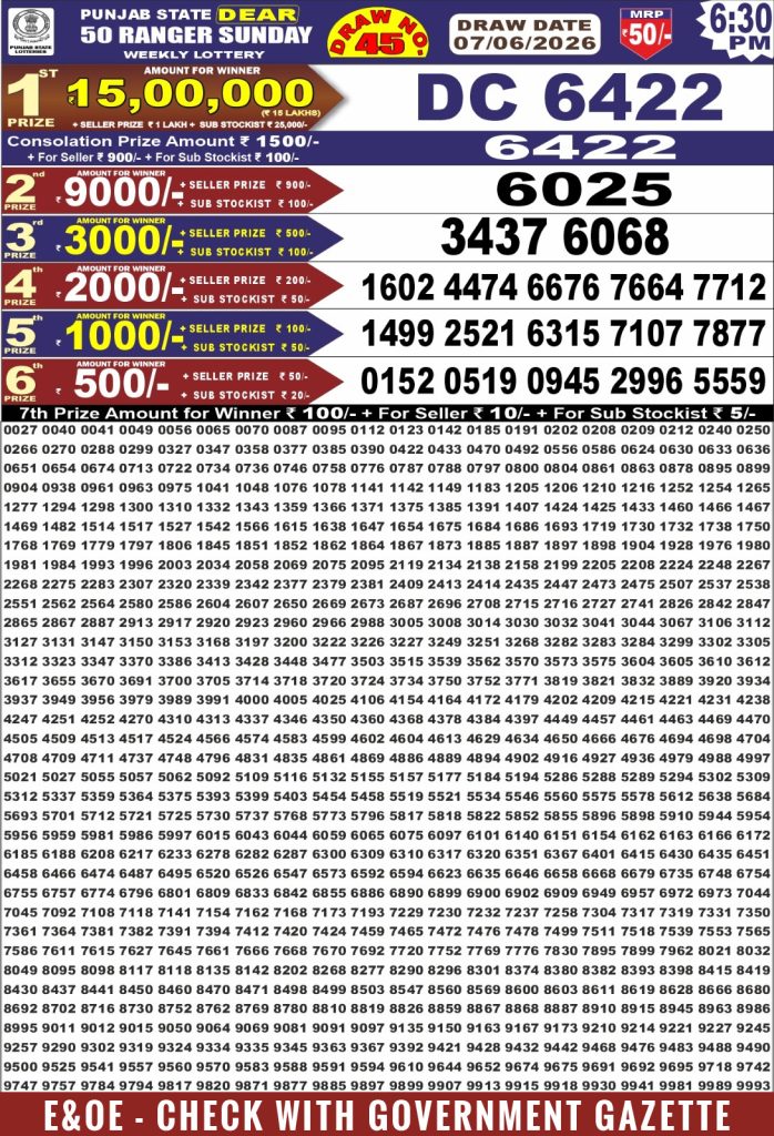 07-06-26 Punjab State Lotteries Dear 50 6:30 PM Result Lottery Result Today 07.06.26