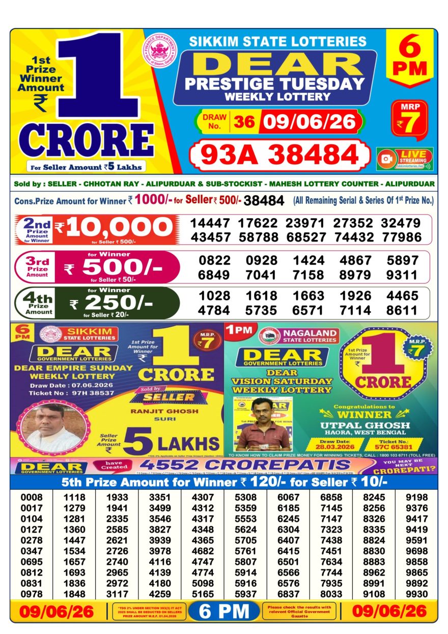 Lottery Result Today 09.06.26