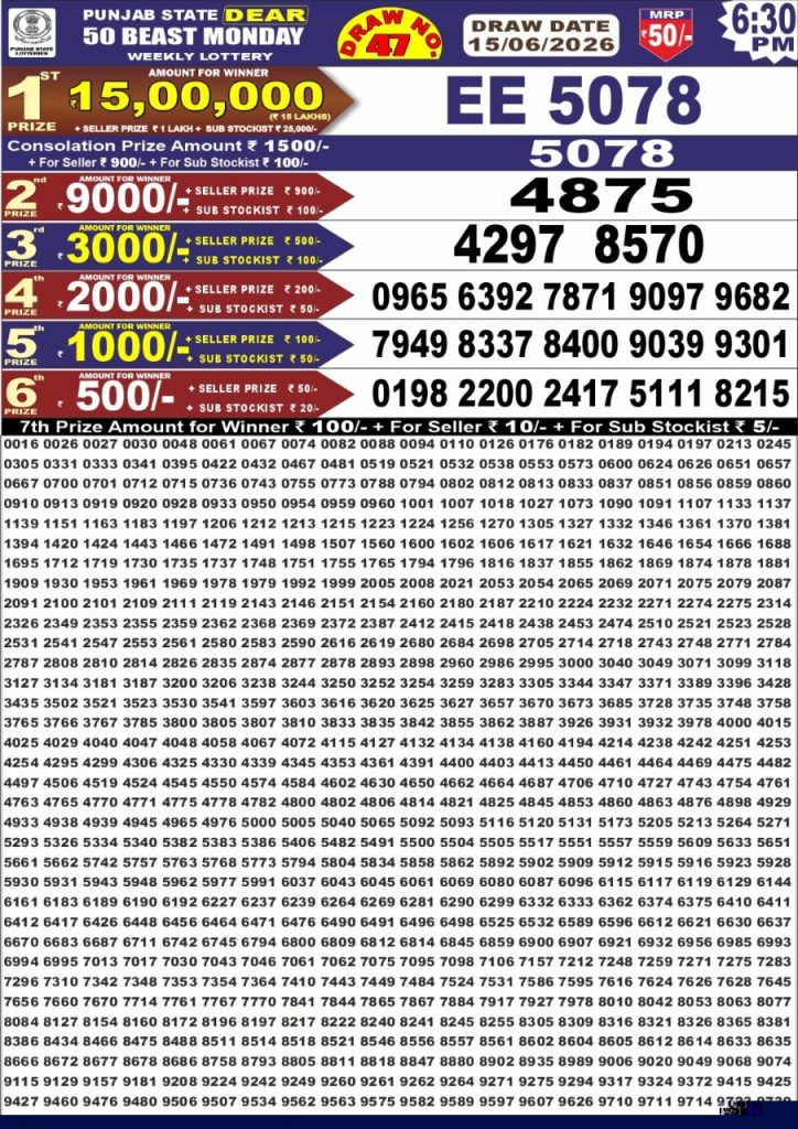 15-06-26 Punjab State Lotteries Dear 50 6:30 PM Result Lottery Result Today 15.06.26