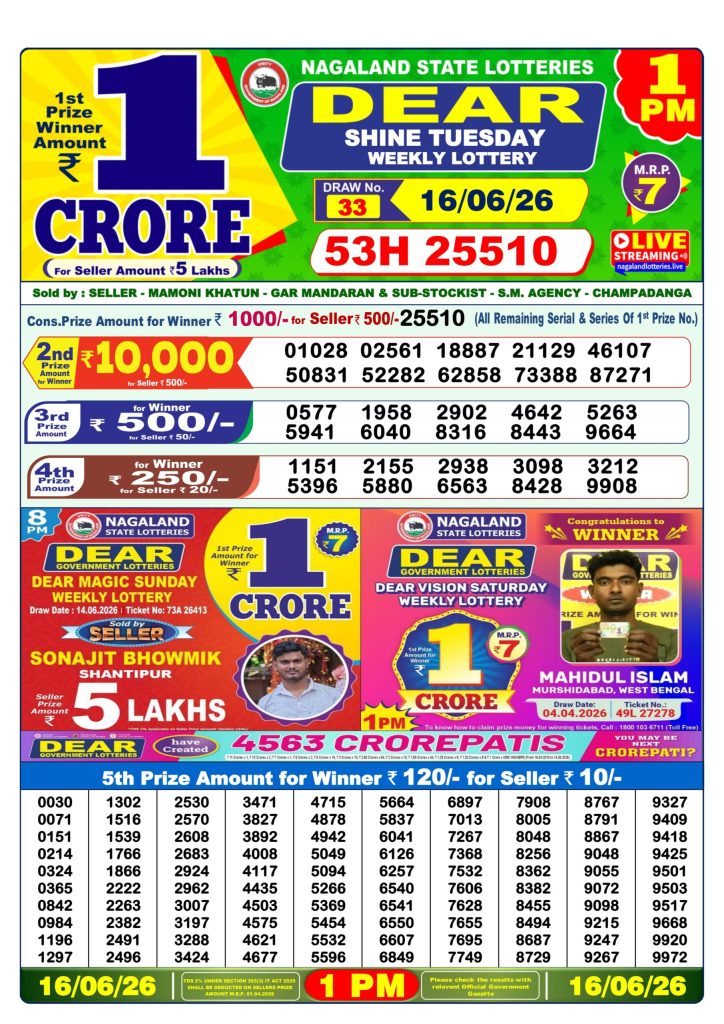 16-06-26 Lottery Sambad 1 PM Result Dhankesari Lottery Result Today 16.06.26
