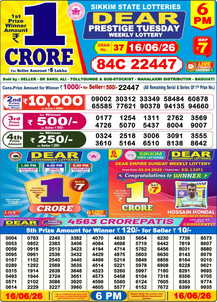 16-06-26 Sikkim State Lottery 6 PM Dear Result Lottery Result Today 16.06.26