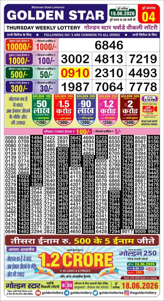 18-06-26 Golden Star Weekly 8:30 PM Result Today Lottery Result Today 18.06.26