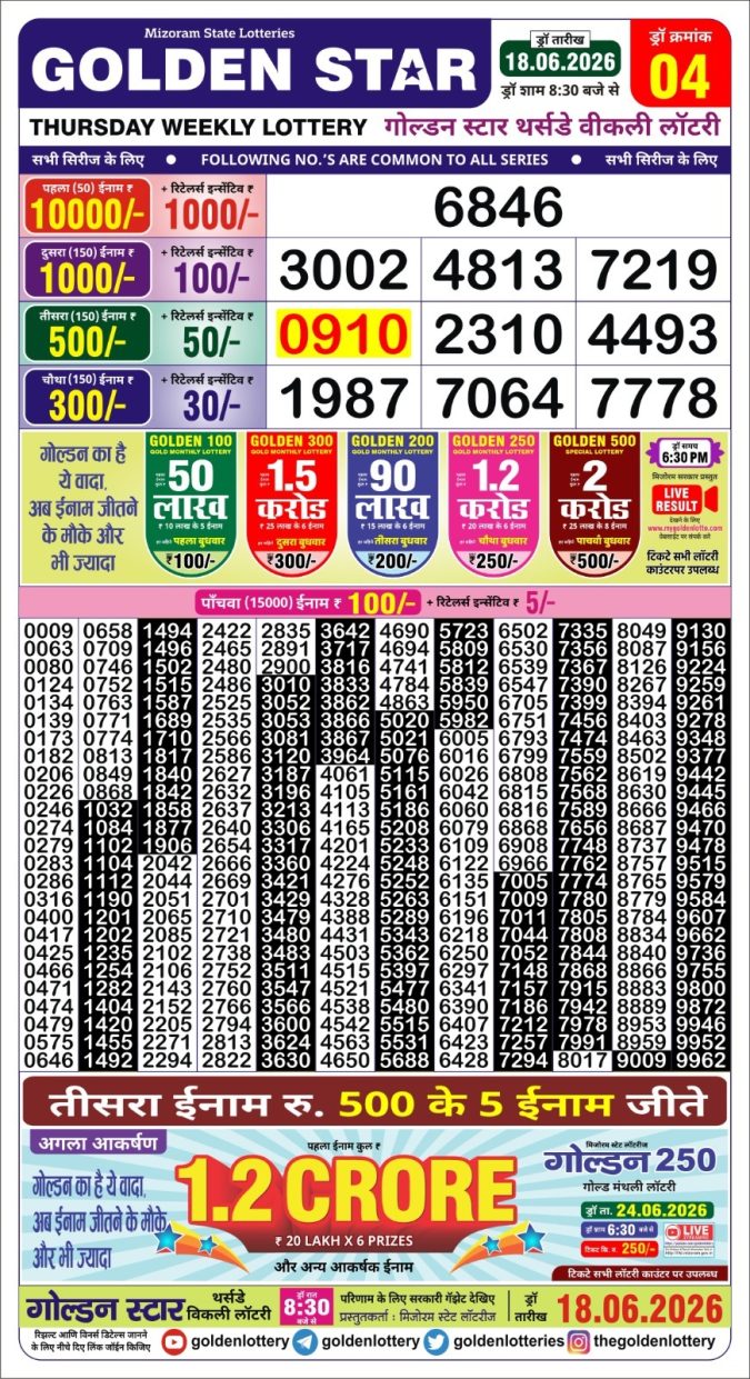 18-06-26 Golden Star Weekly 8:30 PM Result Today Lottery Result Today 18.06.26