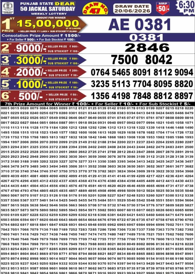 20-06-26 Punjab State Lotteries Dear 50 6:30 PM Result Lottery Result Today 20.06.26