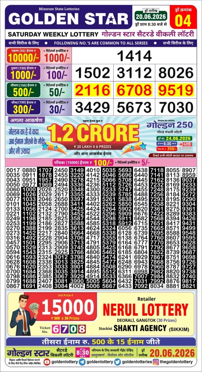 20-06-26 Golden Star Weekly 8:30 PM Result Today Lottery Result Today 20.06.26