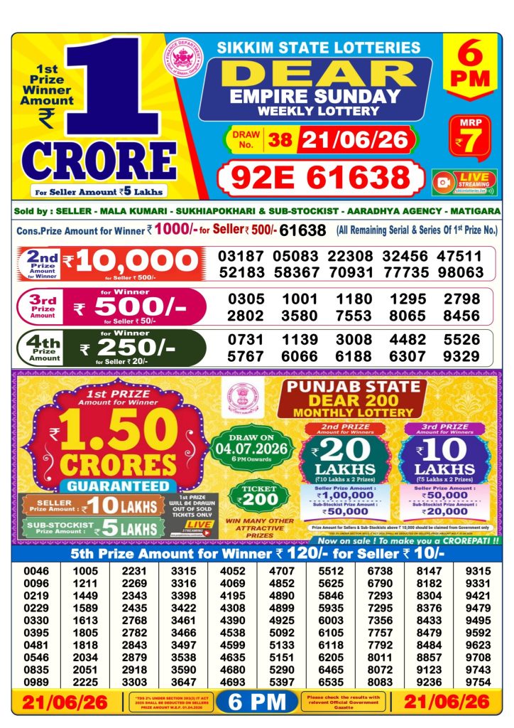 21-06-26 Sikkim State Lottery 6 PM Dear Result Lottery Result Today 21.06.26