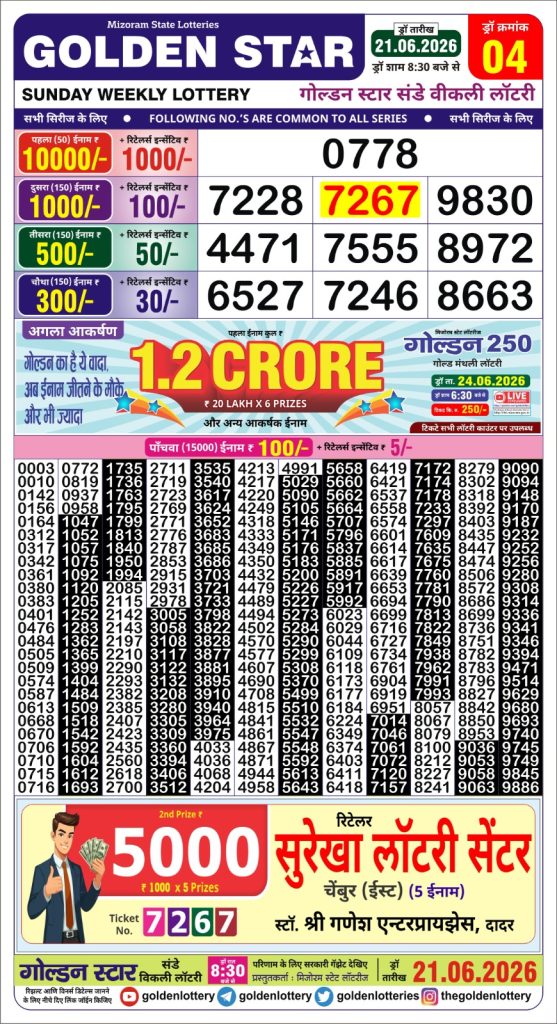 21-06-26 Golden Star Weekly 8:30 PM Result Today Lottery Result Today 21.06.26