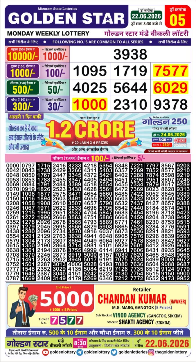 22-06-26 Golden Star Weekly 8:30 PM Result Today Lottery Result Today 22.06.26
