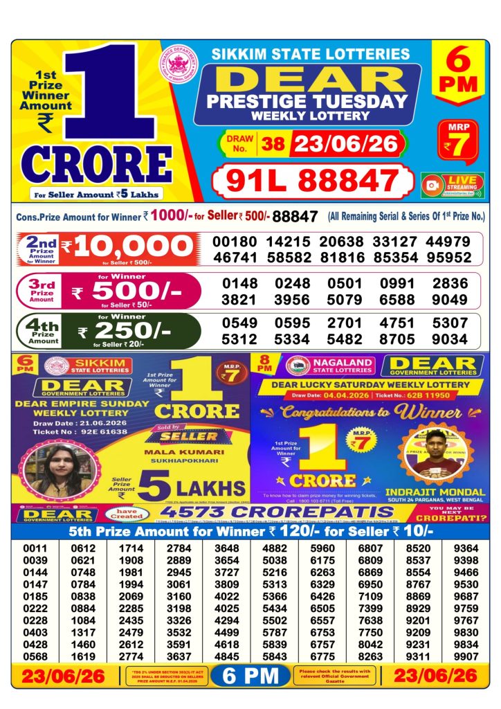 23-06-26 Sikkim State Lottery 6 PM Dear Result Lottery Result Today 23.06.26