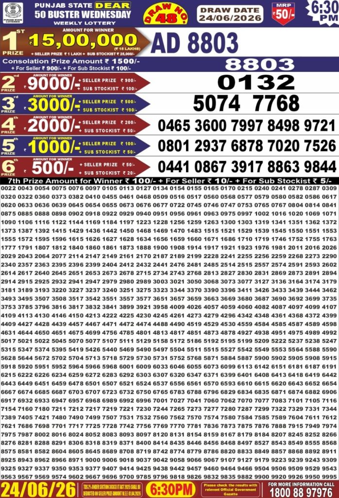 24-06-26 Punjab State Lotteries Dear 50 6:30 PM Result Lottery Result Today 24.06.26