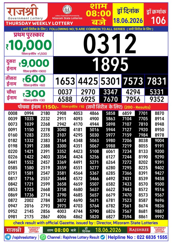 18-06-26 Rajshree Lottery 8 PM Result Today Lottery Result Today 18.06.26