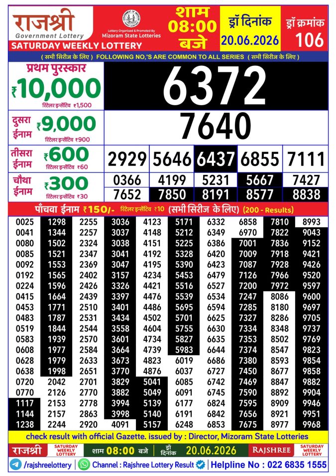 20-06-26 Rajshree Lottery 8 PM Result Today Lottery Result Today 20.06.26
