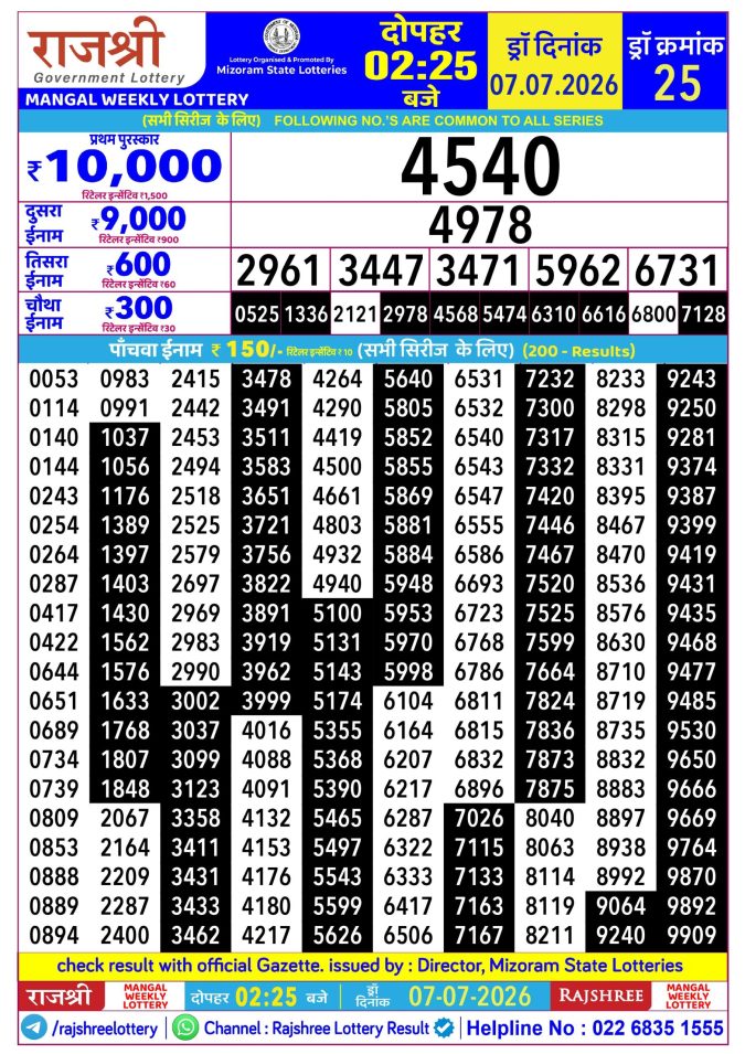 07-07-26 Rajshree Lottery 2.25 PM Result Lottery Result Today 07.07.26