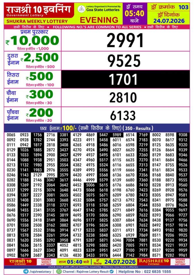 24-07-26 Rajshree 10 Evening 5:40 PM Result Lottery Result Today 24.07.26