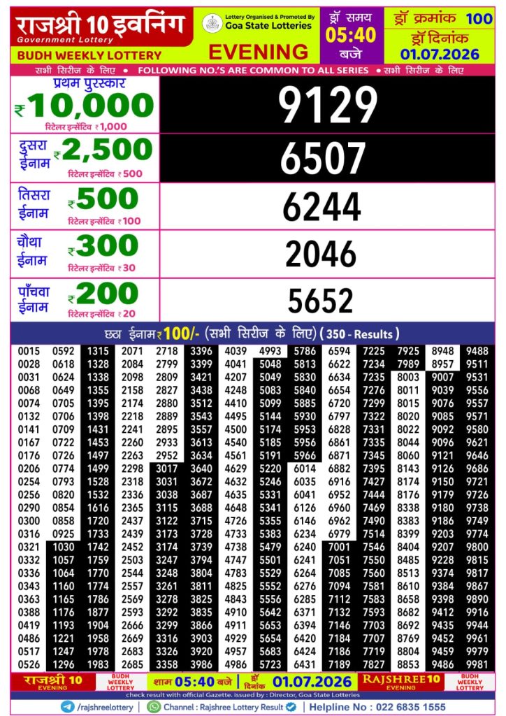 01-07-26 Rajshree 10 Evening 5:40 PM Result Lottery Result Today 01.07.26